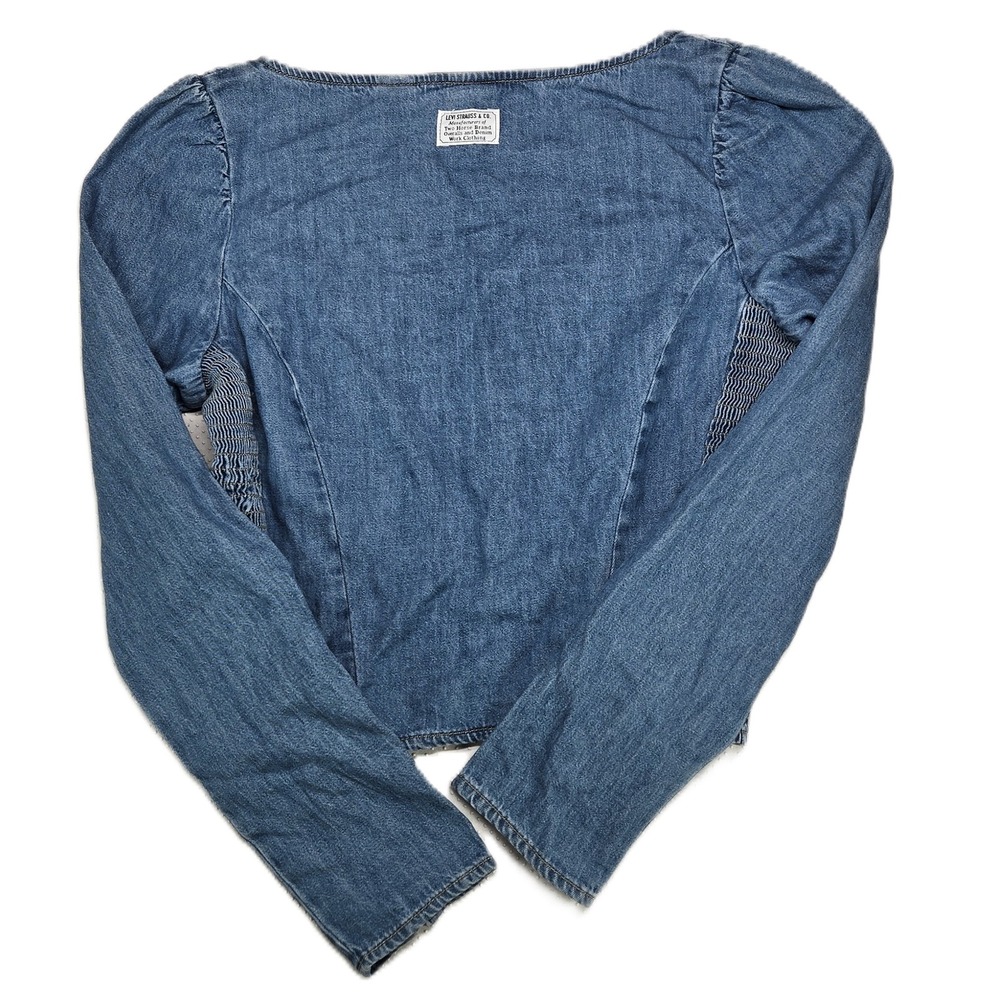 Levis Womens Blue Denim Square Neck Slim Fit Top Smocked Sides Size S NWT - Picture 9 of 10